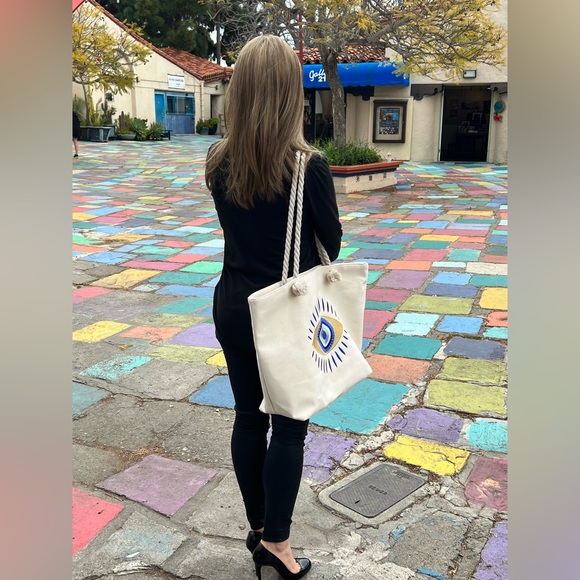 Evil Eye Green Aqua Gold Metallic Embroidered Protection Bohemian 22" Tote Bag - Picture 8 of 10